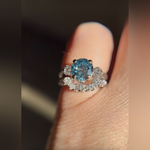 2.55 ctw Old European Cut Blue Lab and Natural Diamond Wedding Set - Picture 13 of 17